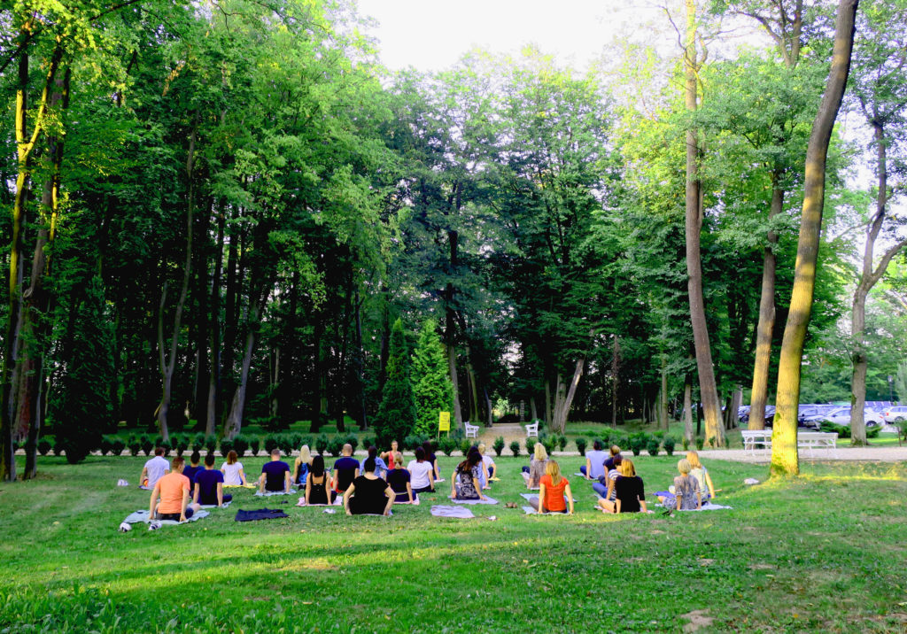 Joginka prowadzi zajęcia z jogi na trawie dla dużej grupy osób.