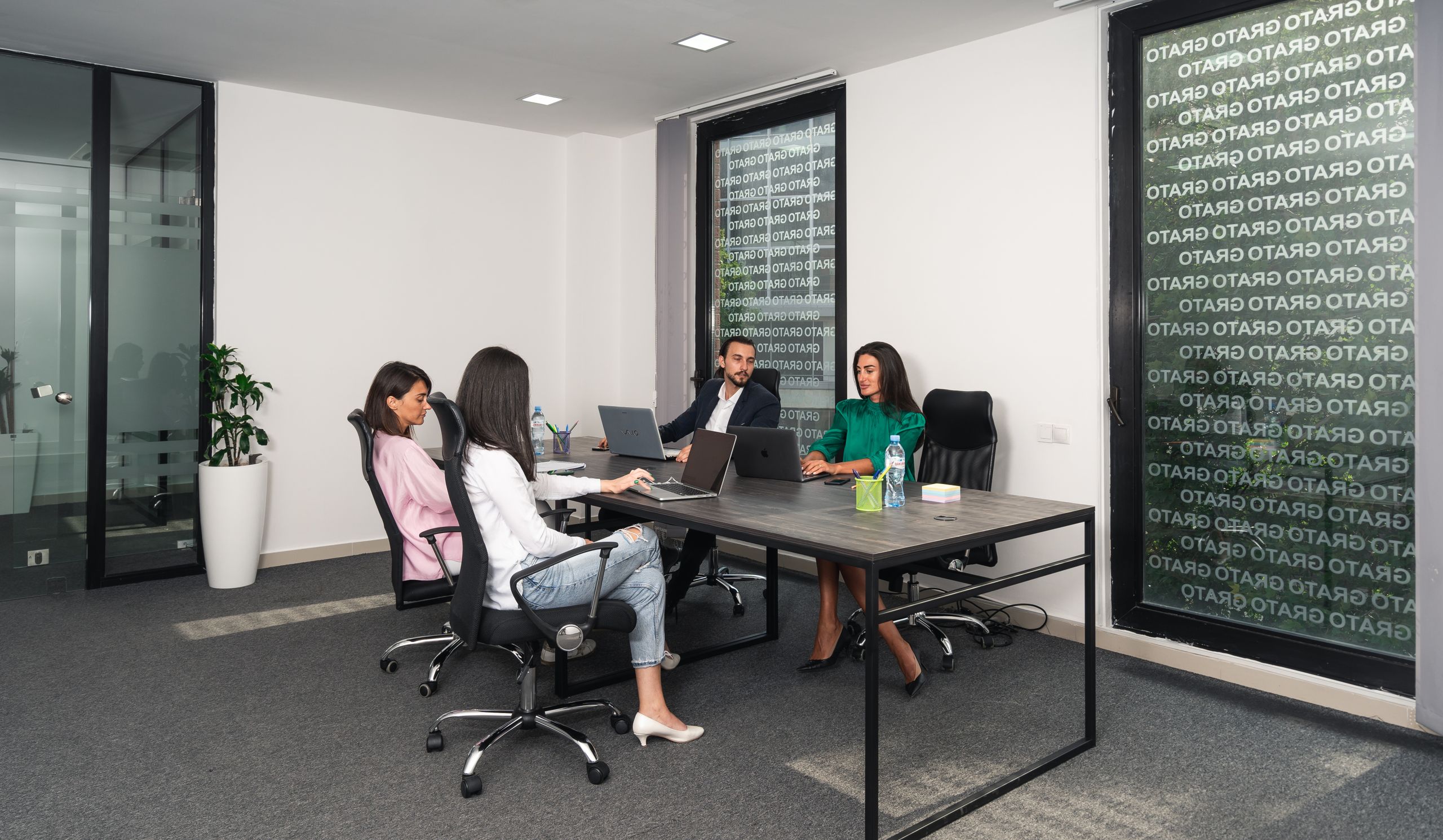 A professional team engaged in a meeting in a modern office setting in Georgia.